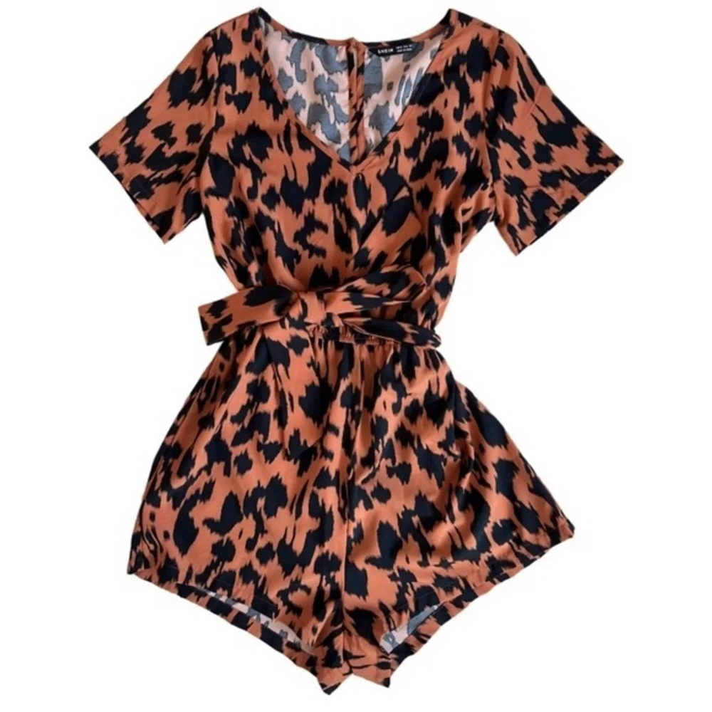 NWOT Shein VCAY Allover Leopard Print V-Neck Belted Romper - Size XS - Picture 3 of 8